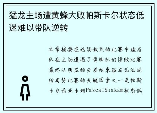 猛龙主场遭黄蜂大败帕斯卡尔状态低迷难以带队逆转